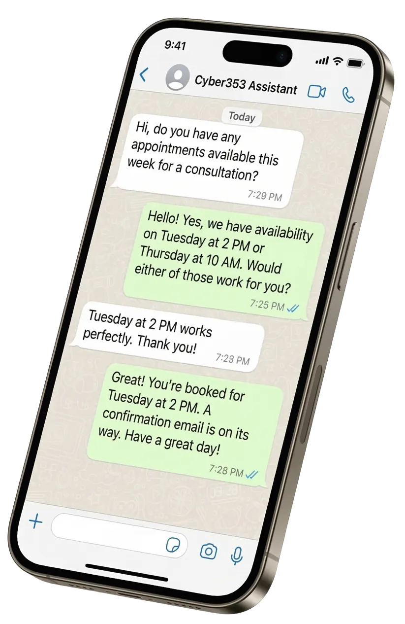 A smartphone showing a WhatsApp assistant conversation for a business enquiry.