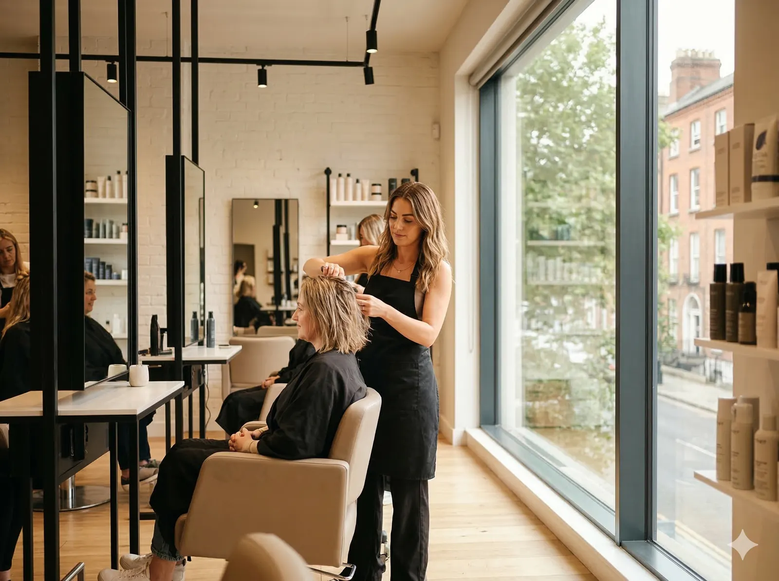 Modern salon interior with stylist and client