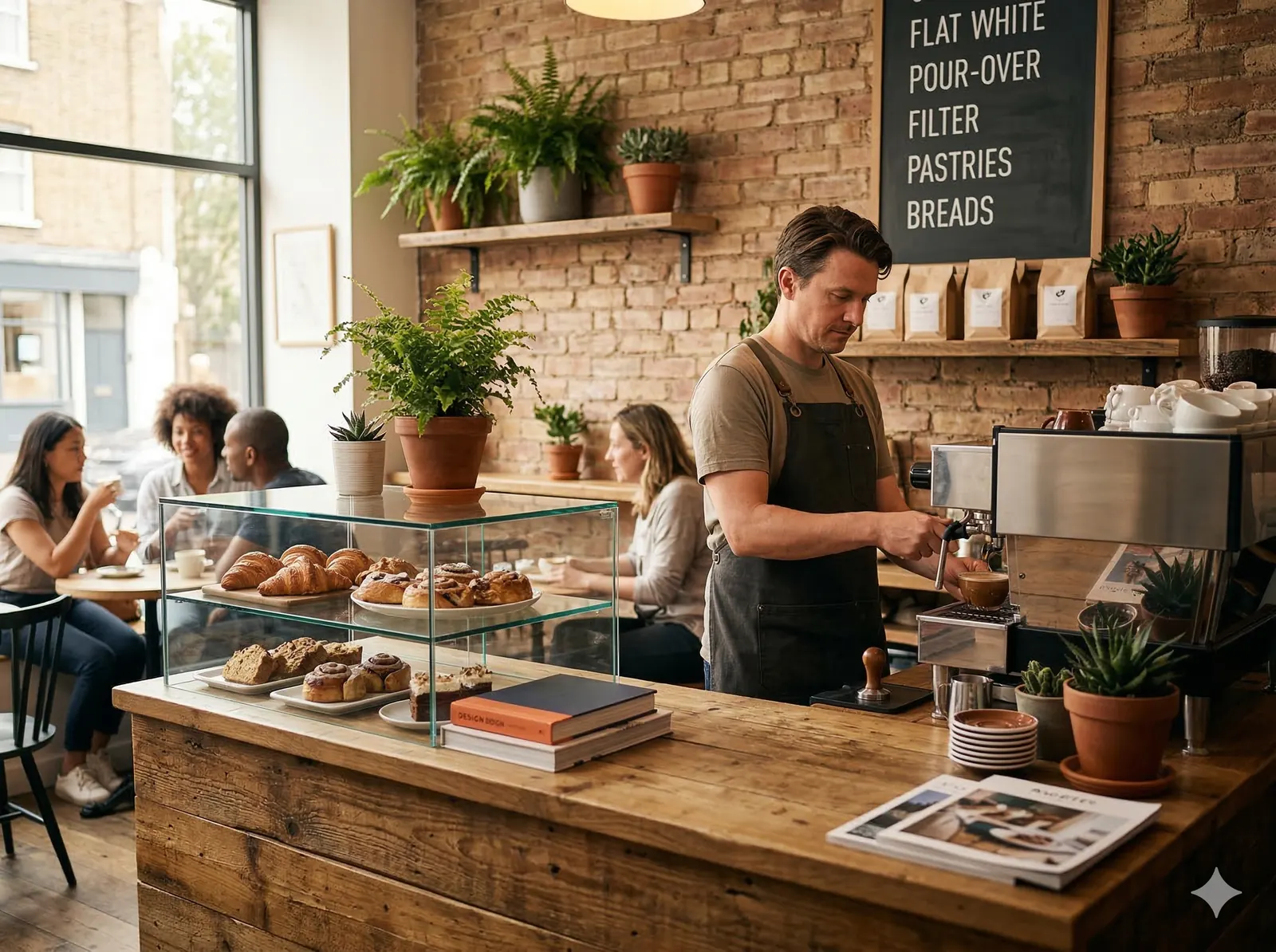 Café counter scene with barista