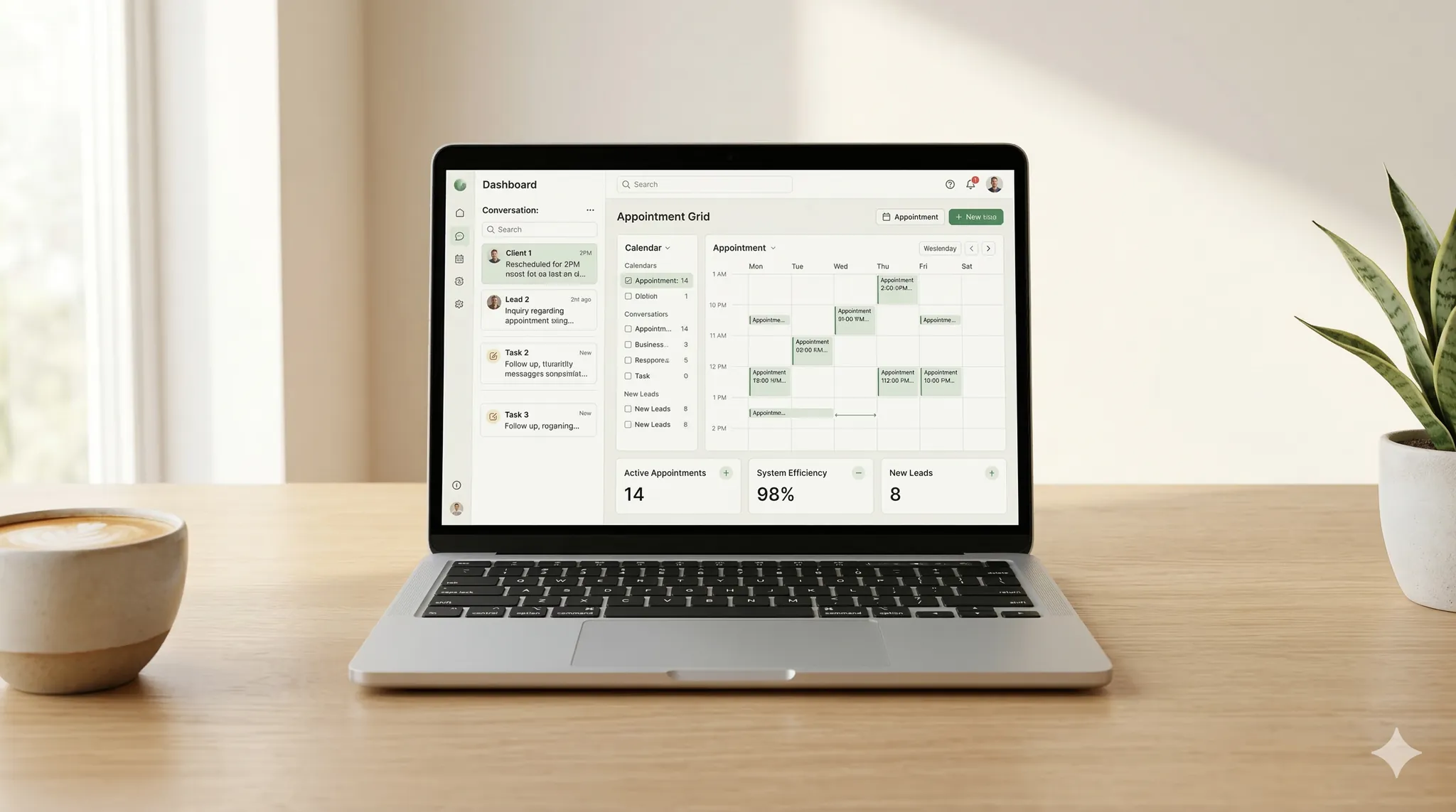 AI assistant dashboard showing conversations, appointments, and metrics
